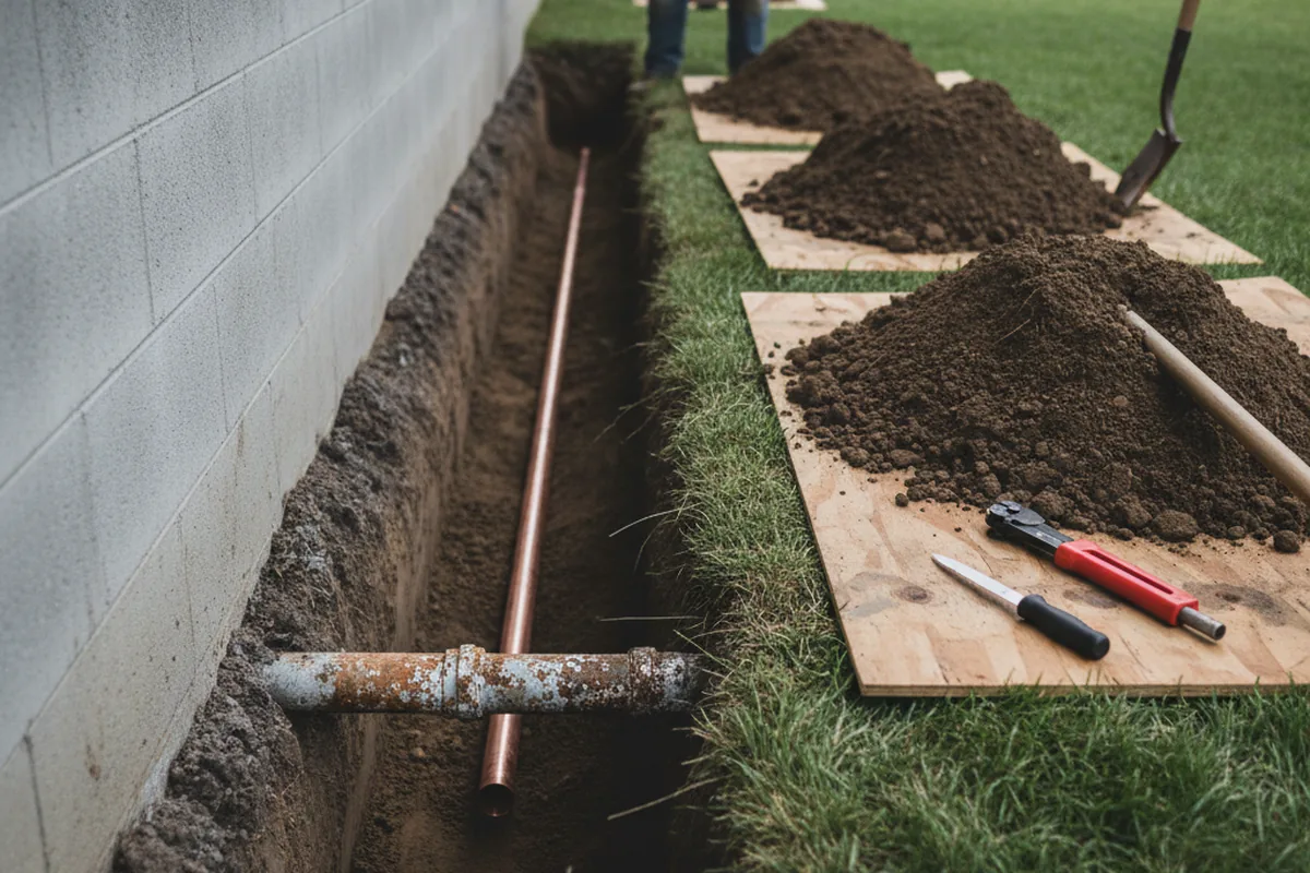 Excavated water line trench during Sewer Line Repair in Cusick